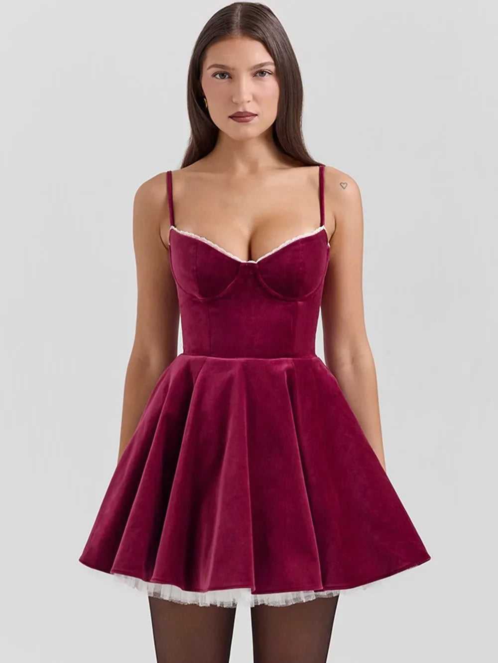 BURGUNDY VELVET MINI DRESS - Dias London