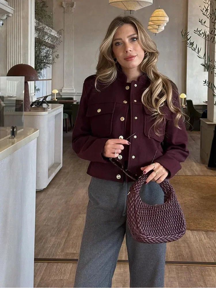 BURGUNDY CROPPED JACKET - Dias London